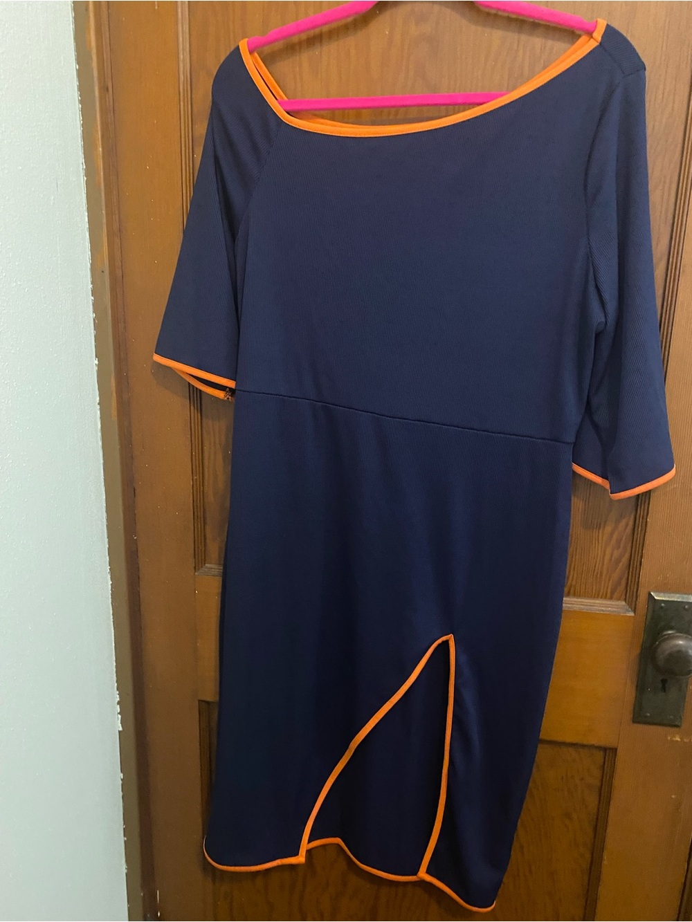 Asymmetrical Off-Shoulder Dress with Slit / Orange and Navy Midi Dress